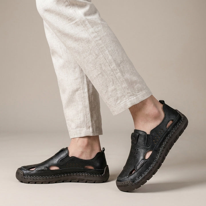 Perforated Leather Slip On Loafers with Handcrafted Stitch Detailing