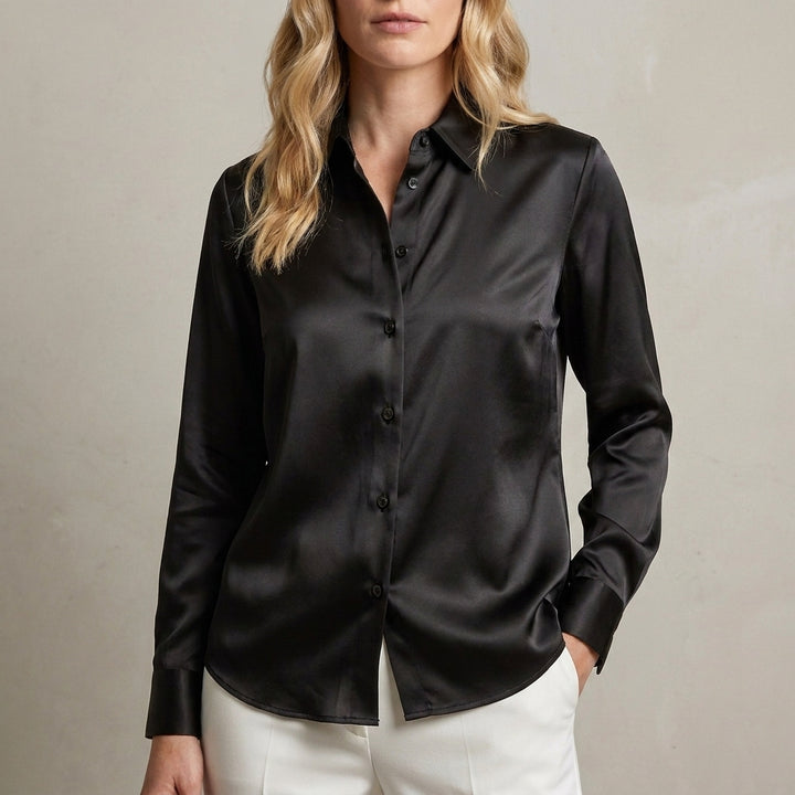 Tailored Button Front Blouse with Refined Point Collar