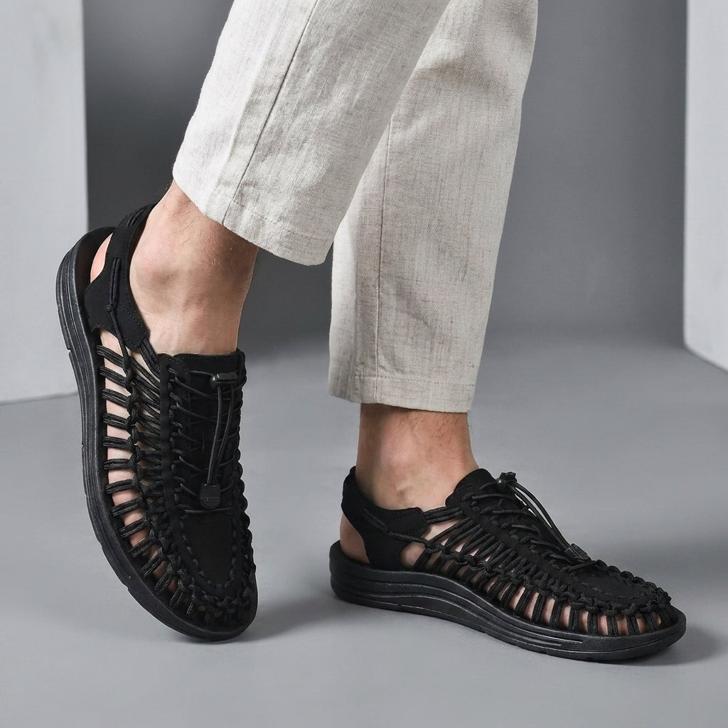 Woven Cord Sandal with Adjustable Toggle Lacing and Contoured Sole