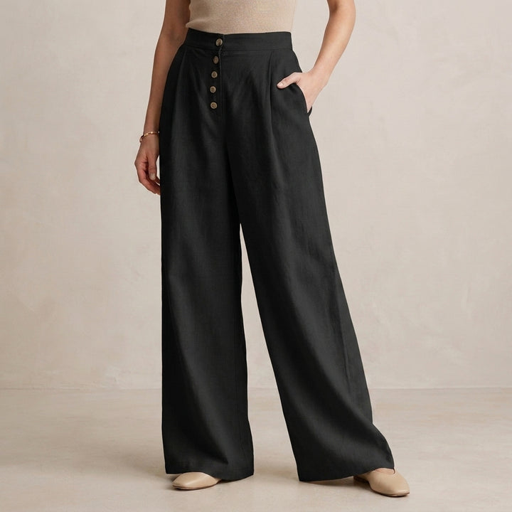 High Waist Wide Leg Trousers with Button Front Detail