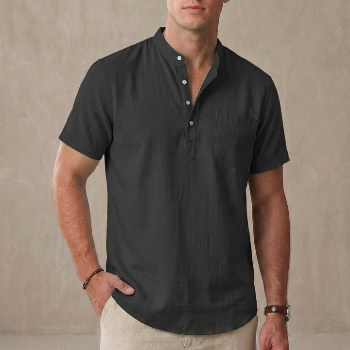 Relaxed Mandarin Collar Shirt with Button Placket and Chest Pocket