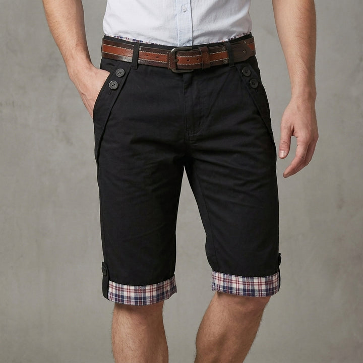 Tailored Shorts with Plaid Turn-Up Hem and Button Accents