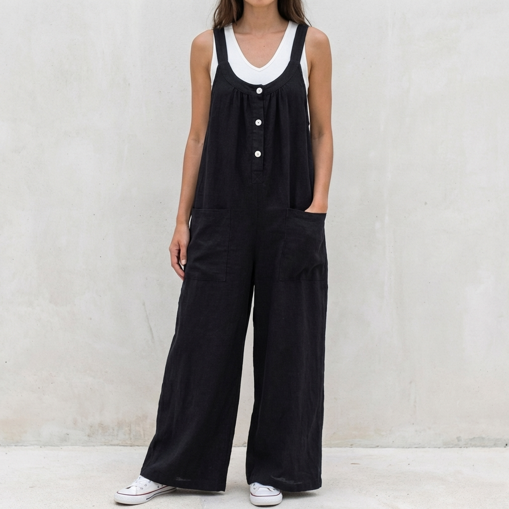 Relaxed Wide-Leg Jumpsuit with Button Front and Oversized Pocket Detail