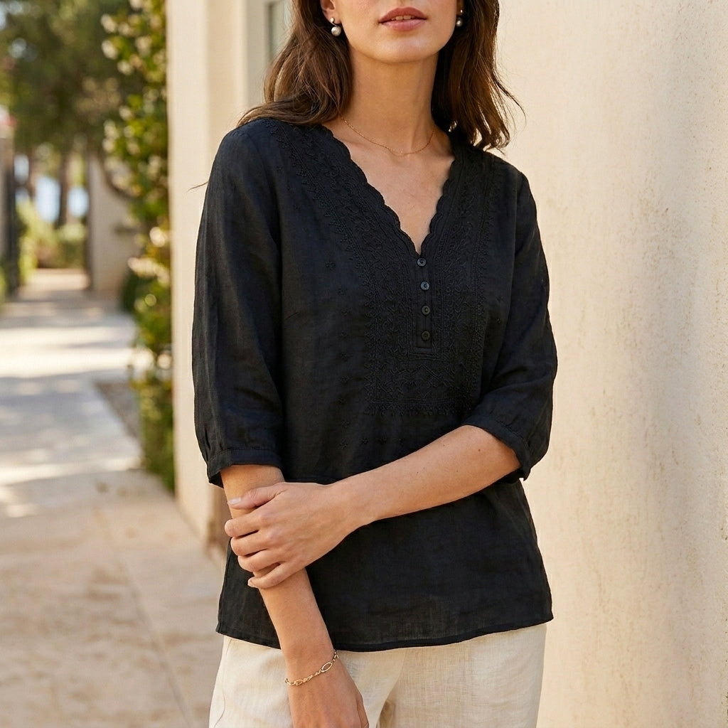 Relaxed Embroidered V-Neck Blouse with Scalloped Trim