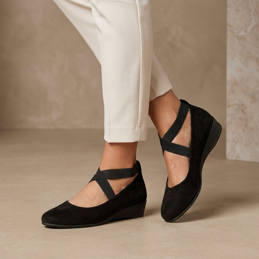 Comfort Ballet Flats with Cross Strap Detail and Low Wedge Heel
