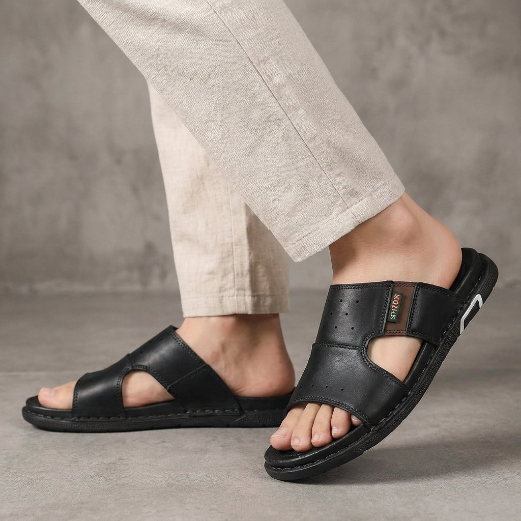 Classic Cross Strap Slide Sandals with Contrast Stitch Detailing