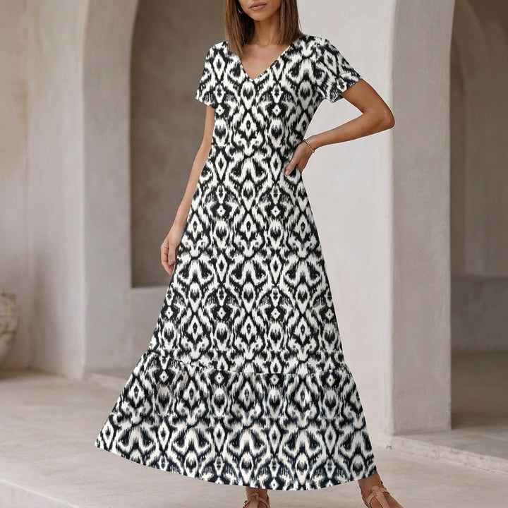 Relaxed V-Neck Ikat Pattern Maxi Dress with Ruffled Tier Hem