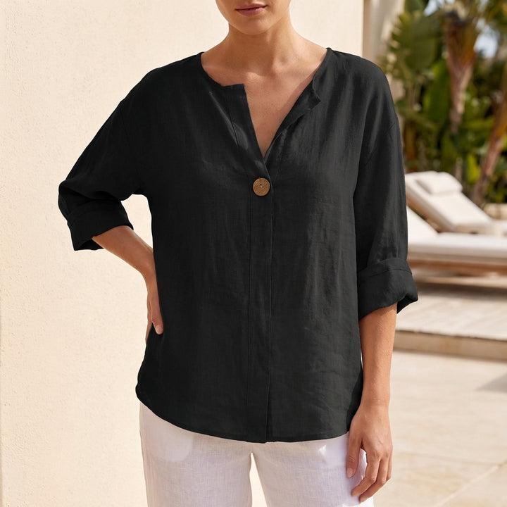 Relaxed Button Front Blouse with Split Neckline and Rolled Sleeves