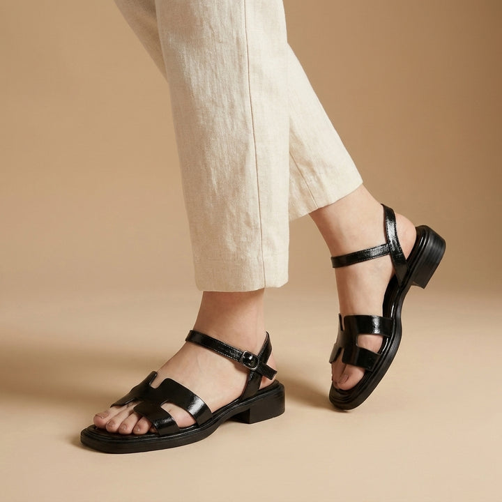 Ankle-Strap Flat Sandals with H-Shaped Vamp and Low Block Heel
