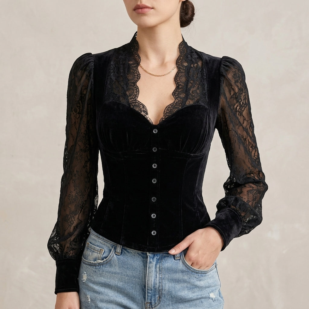 Fitted Velvet Lace Blouse with Sheer Sleeves and Button Front