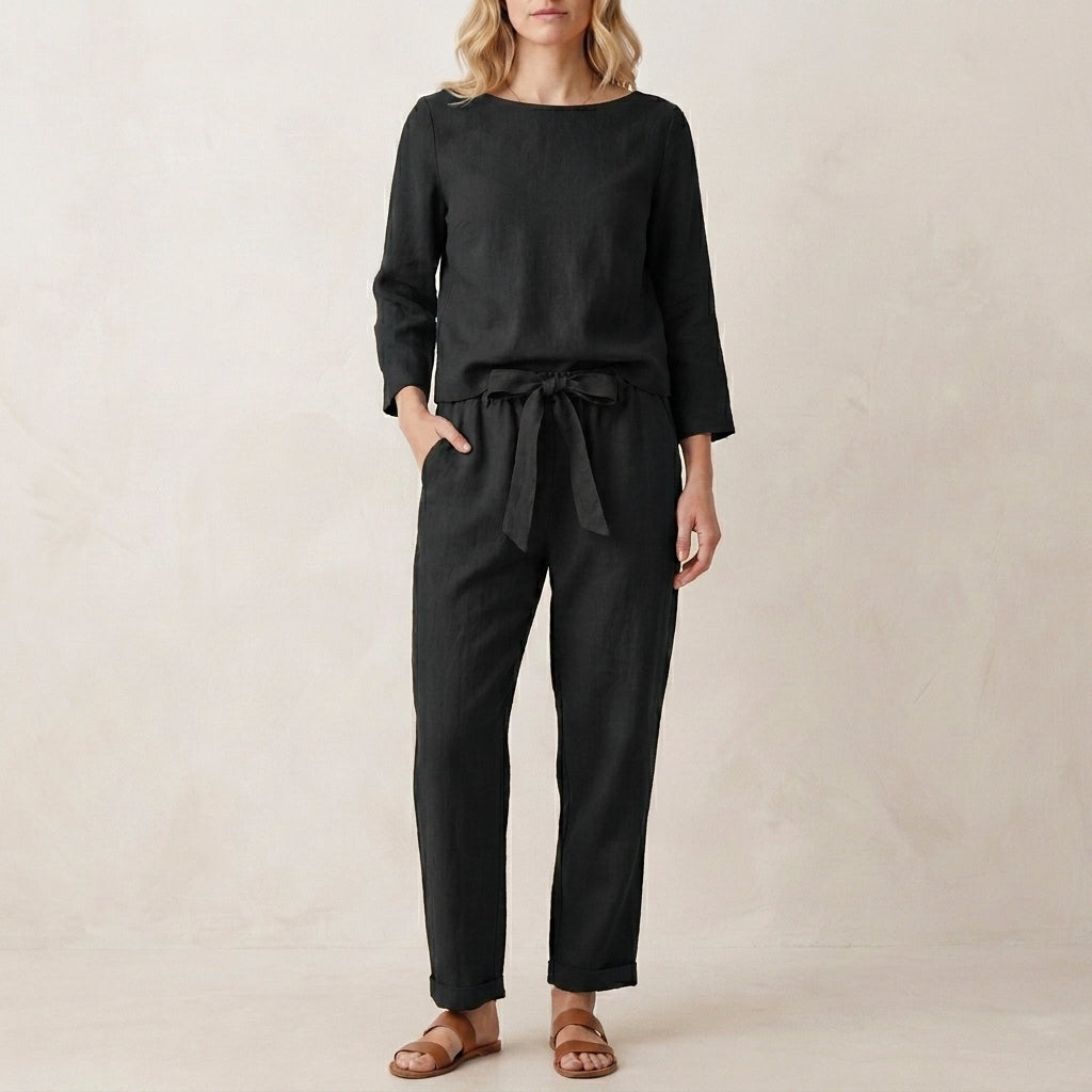 Relaxed Linen Blend Two Piece Set with Tie Waist Trousers