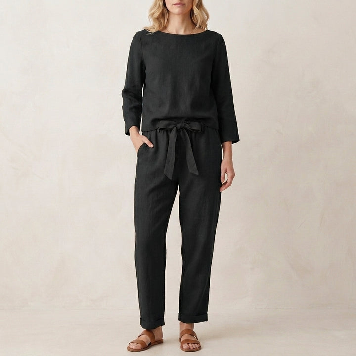 Relaxed Linen Blend Two Piece Set with Tie Waist Trousers
