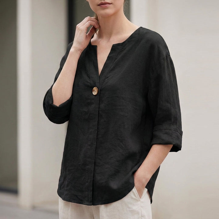 Relaxed Linen Blend Blouse with Statement Button Detail