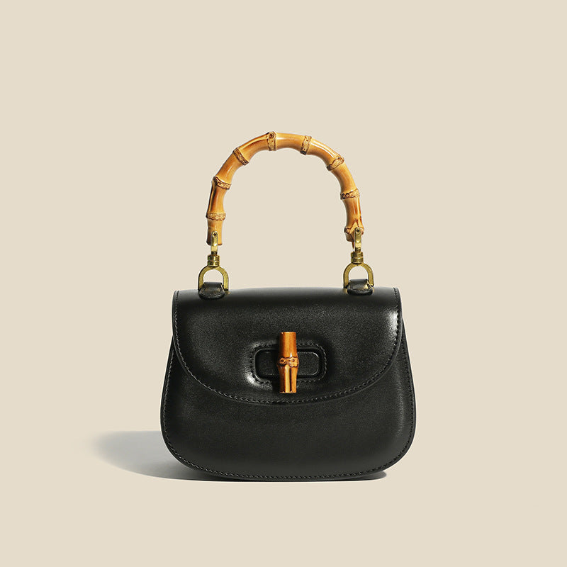 Bamboo Handle Structured Crossbody Satchel with Signature Turn Lock