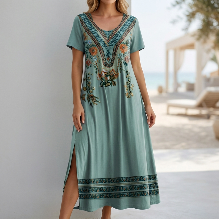 Bohemian Print Maxi Dress with Embellished V Neck and Side Slit