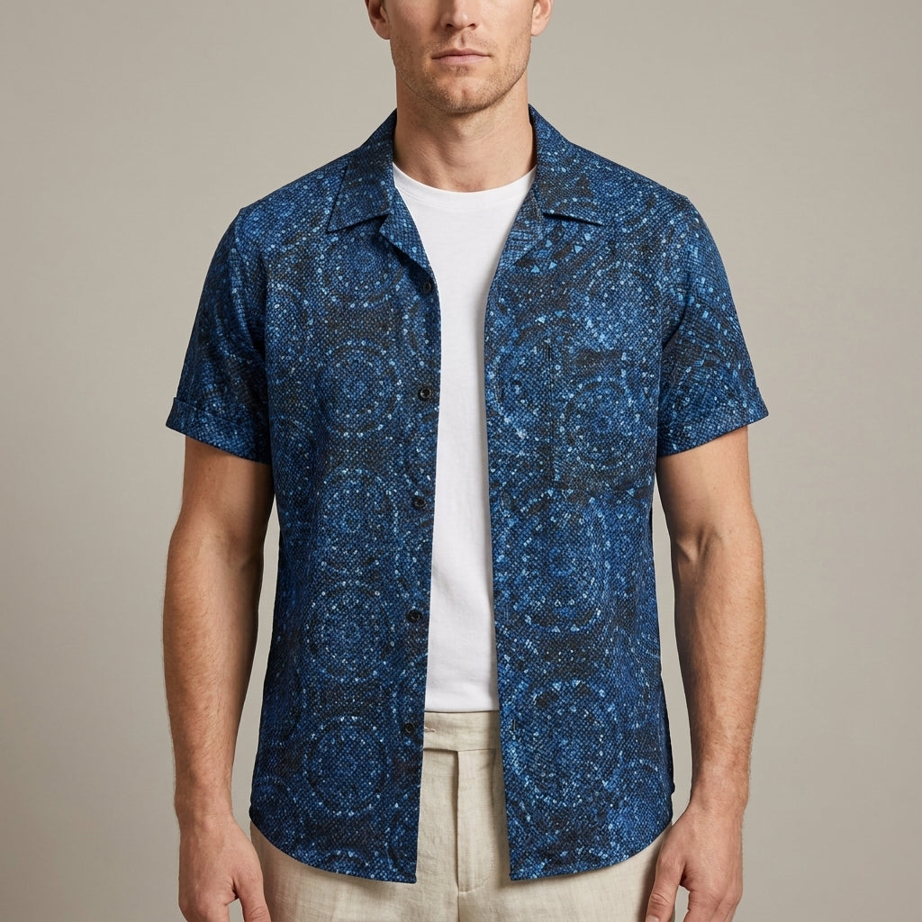 Relaxed Fit Geometric Print Camp Collar Shirt with Chest Pocket