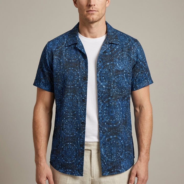 Relaxed Fit Geometric Print Camp Collar Shirt with Chest Pocket