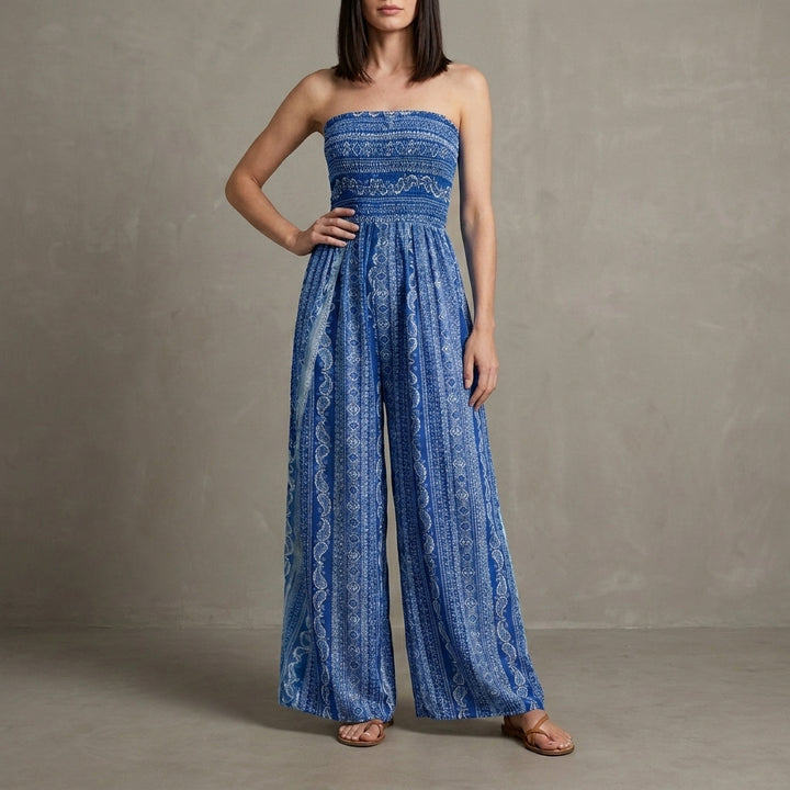 Smocked Strapless Wide Leg Jumpsuit with Ornamental Vertical Print