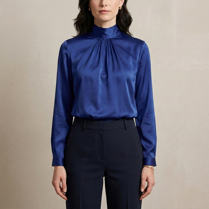 Mock Neck Satin Blouse with Elegant Pleated Front Detail