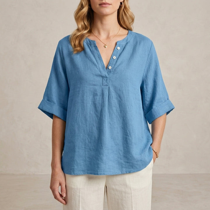 Relaxed Henley Blouse with Notched Neckline and Flowing Sleeves