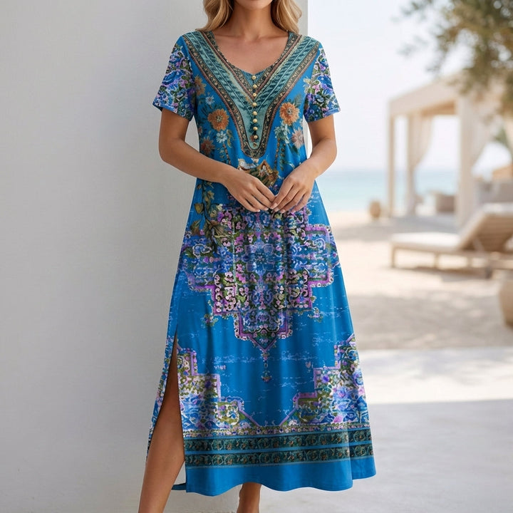 Bohemian Print Maxi Dress with Embellished V Neck and Side Slit