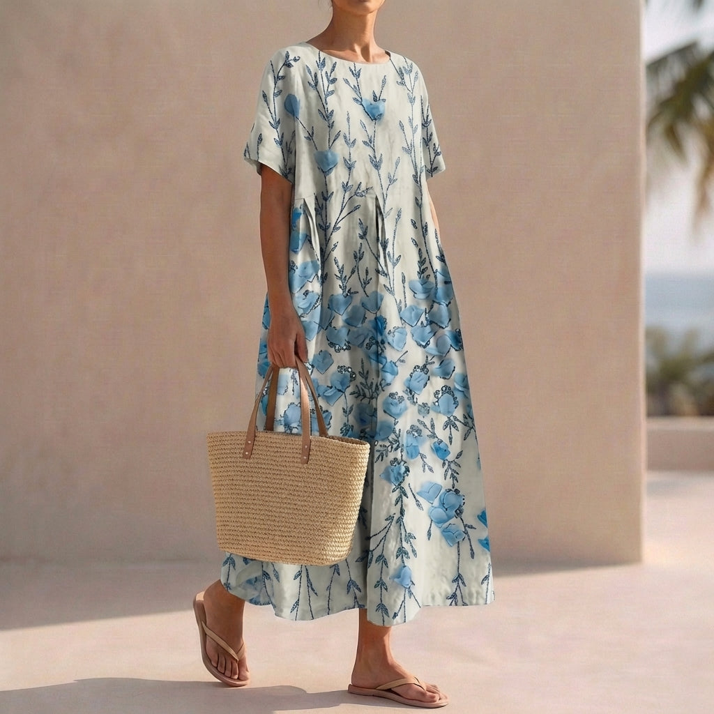 Floral Print Midi Dress with Relaxed Fit and Short Sleeves