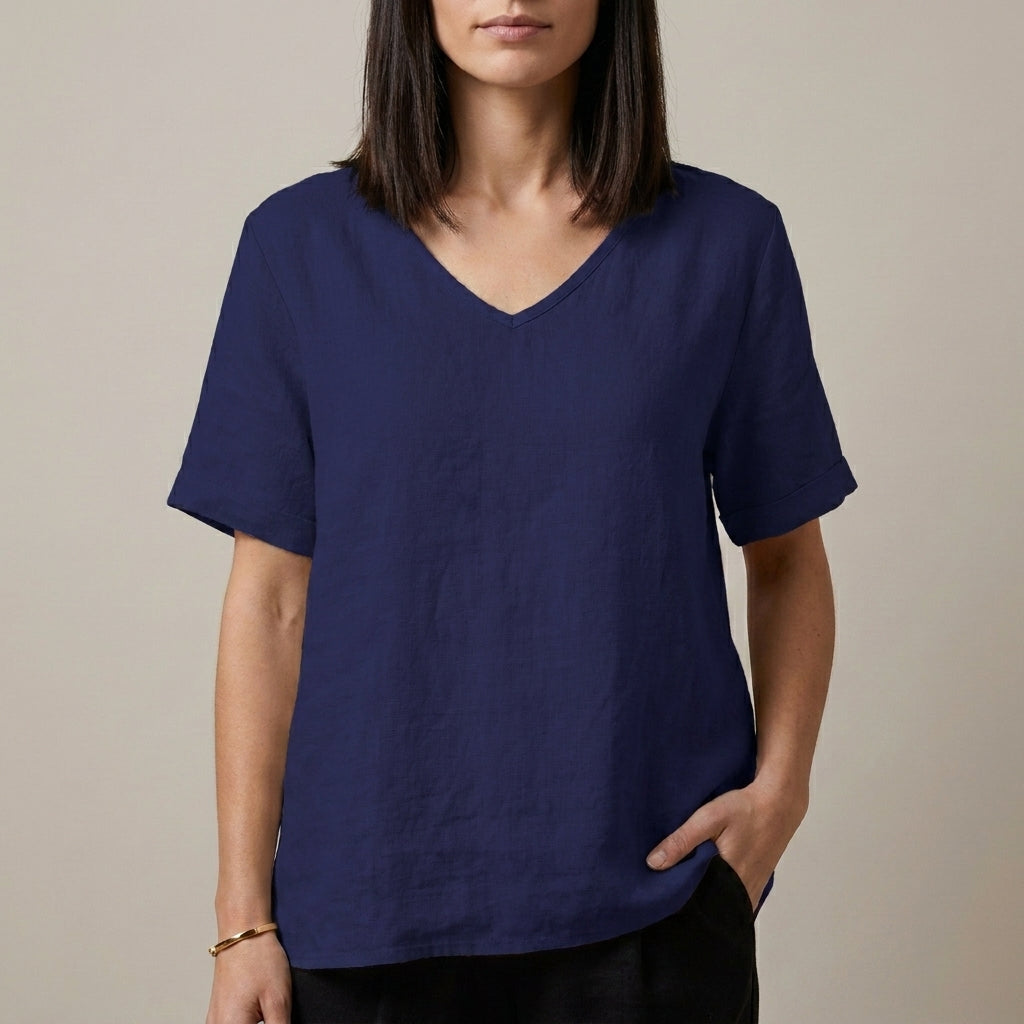 Relaxed V Neck Tunic Blouse with Effortless Draped Silhouette