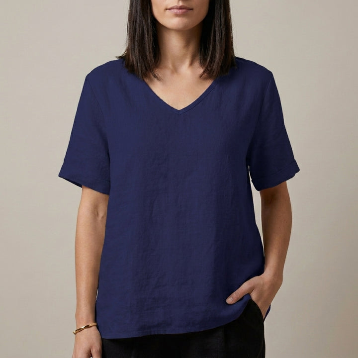 Relaxed V Neck Tunic Blouse with Effortless Draped Silhouette