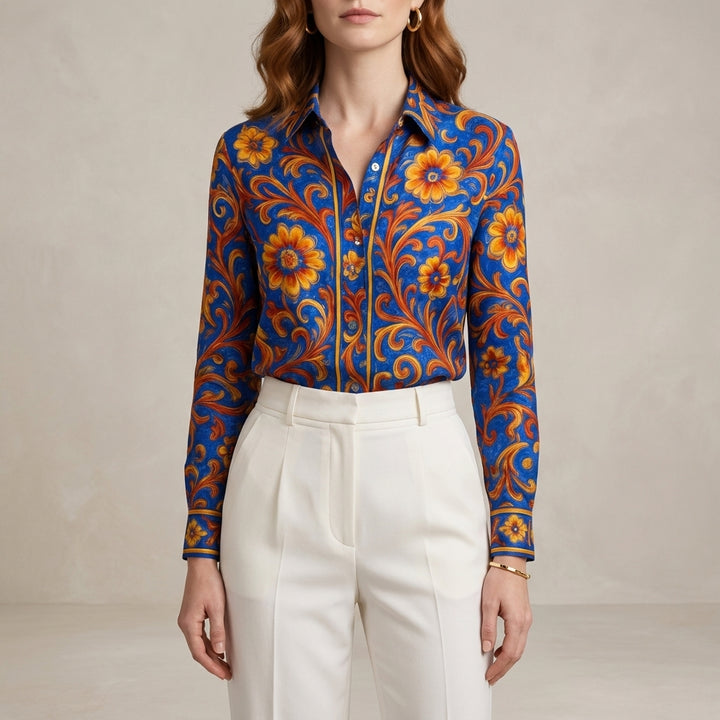 Ornate Floral Button Up Blouse with Tailored Collar and Long Sleeves