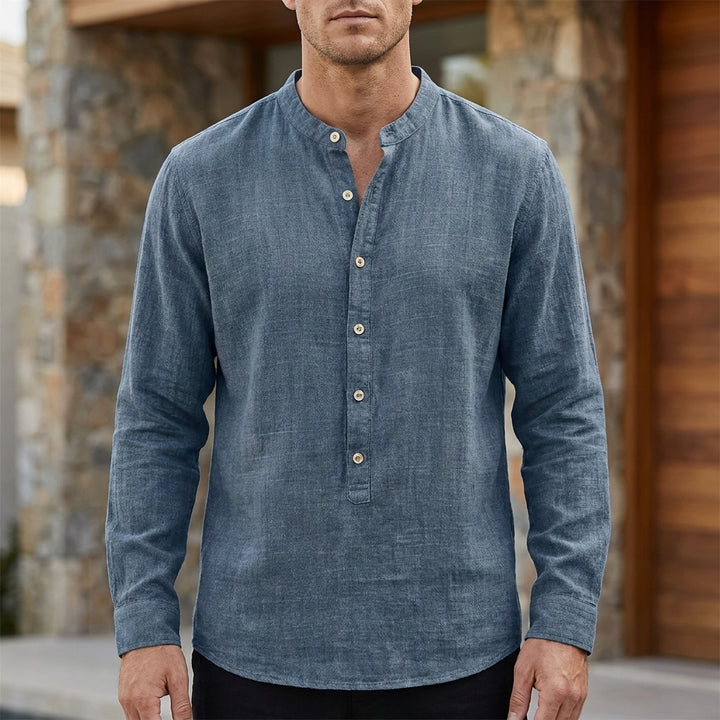 Relaxed Band Collar Linen Blend Shirt with Button Placket