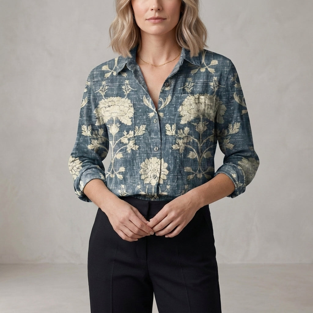 Relaxed Printed Button Front Blouse with Soft Collar and Long Sleeves