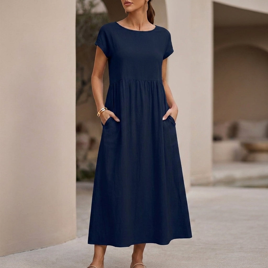 Relaxed-Fit Midi Dress with Gathered Waist and Pockets