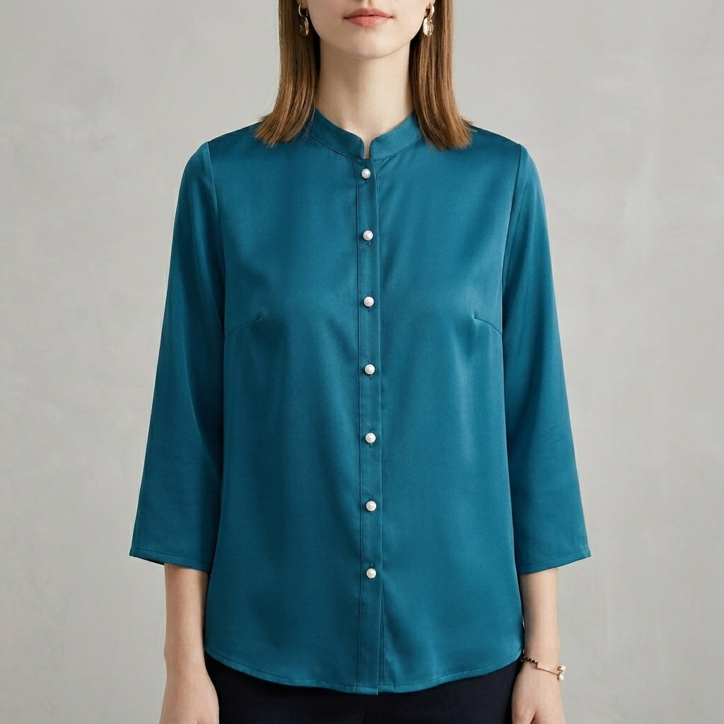 Relaxed Button Front Blouse with Mandarin Collar