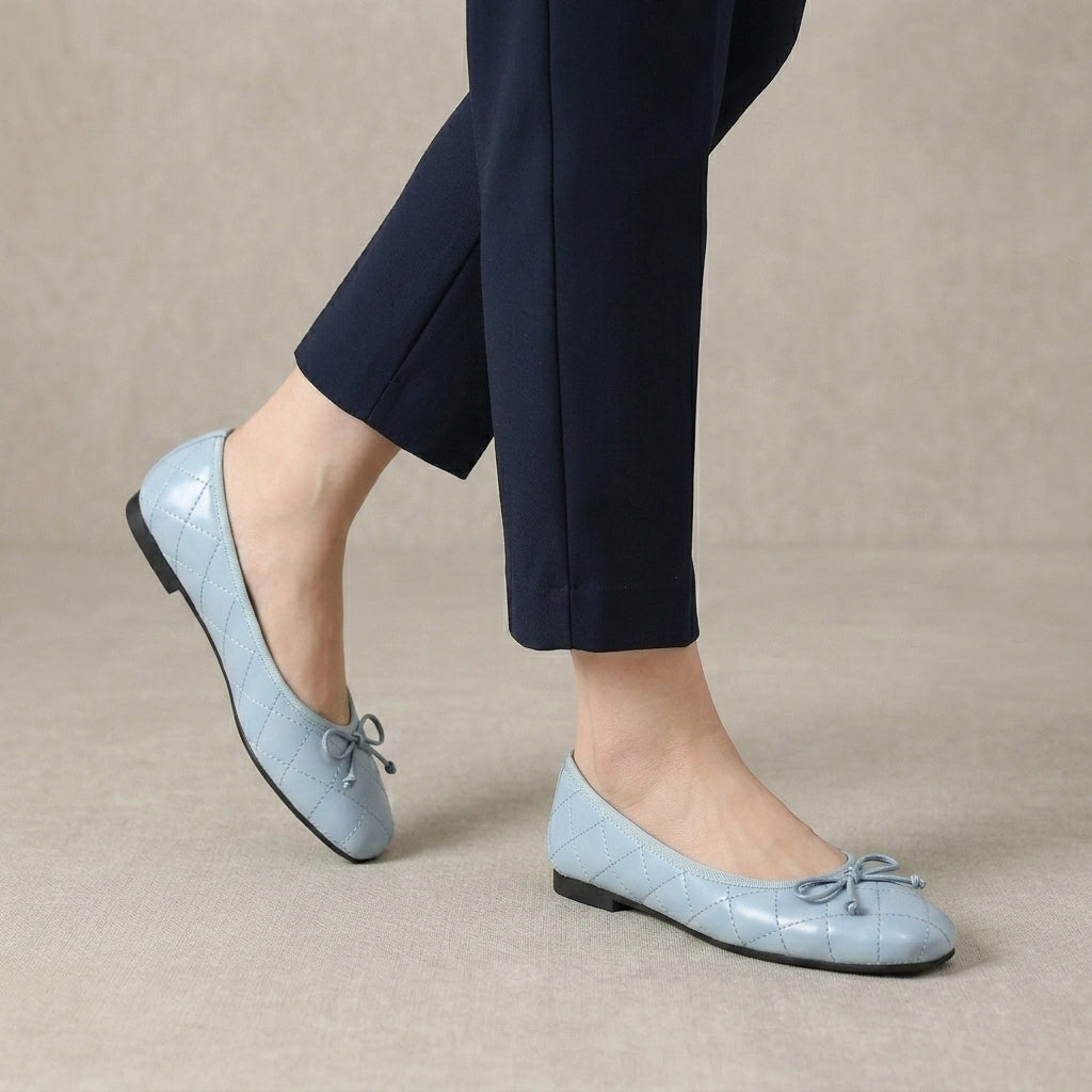 Quilted Ballet Flats with Square Toe and Delicate Bow Detail