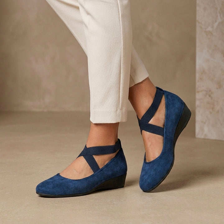 Comfort Ballet Flats with Cross Strap Detail and Low Wedge Heel