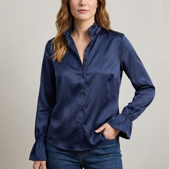 Refined Ruffle Collar Blouse with Flared Cuff Sleeves