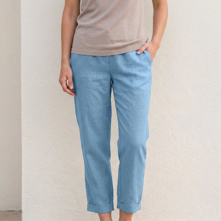 Relaxed Cropped Straight Leg Trousers with Turn Up Hem and Pockets