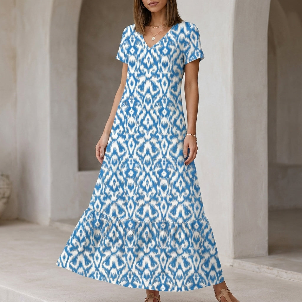 Relaxed V-Neck Ikat Pattern Maxi Dress with Ruffled Tier Hem