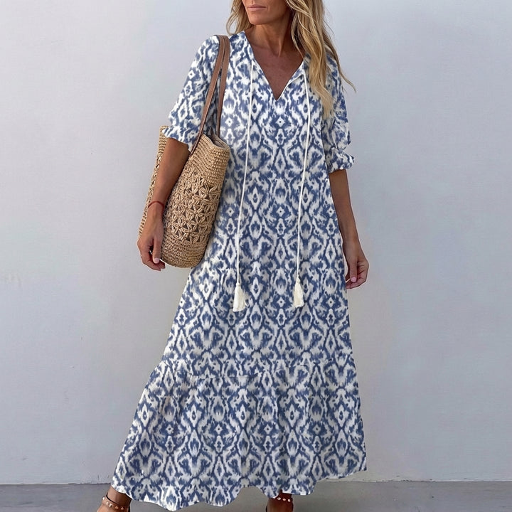 Boho Printed Maxi Dress with Tassel Tie Neck and Tiered Skirt