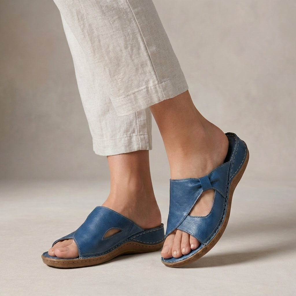 Orthopedic Slide Sandals with Bow-Embellished Cut-Out Strap