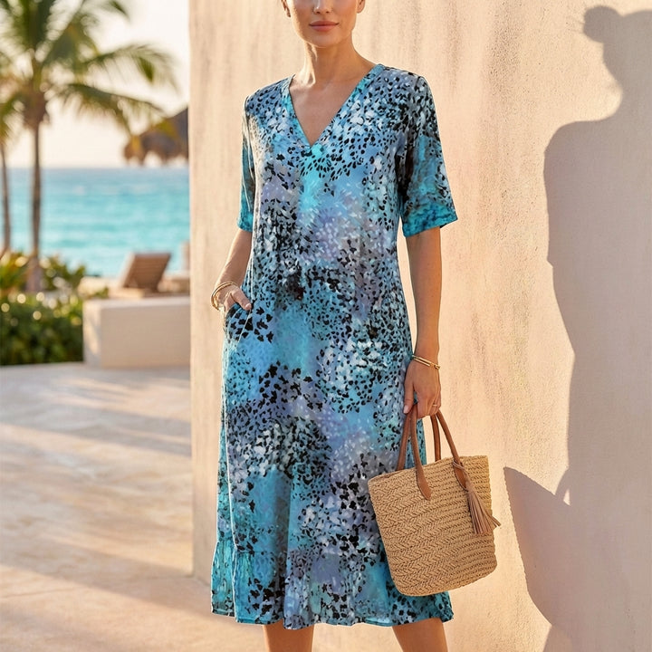 Chiffon Knee-Length V-Neck Dress with Lace Trim and Gathered Waist