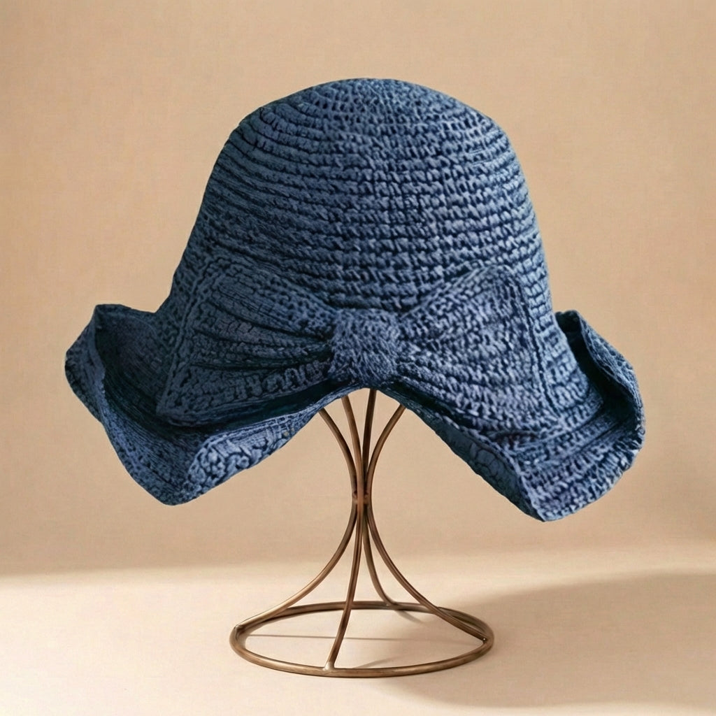 Crocheted Woven Sun Hat with Downturned Brim and Bow Detail
