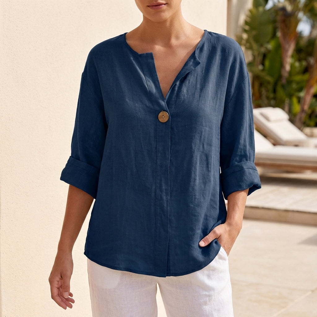 Relaxed Button Front Blouse with Split Neckline and Rolled Sleeves