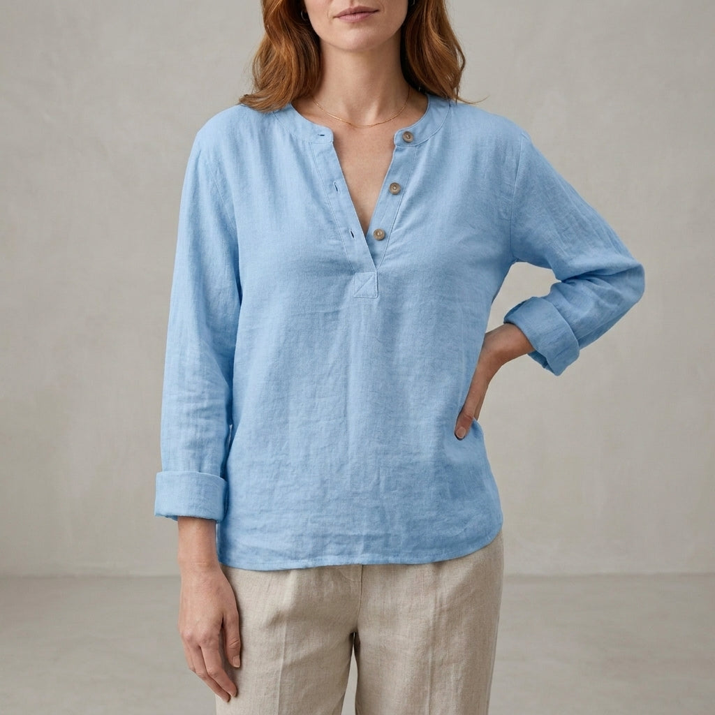Relaxed Henley Blouse with Notched Neckline and Button Detail