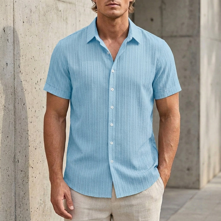 Relaxed Fit Short Sleeve Shirt with Fine Vertical Rib Texture