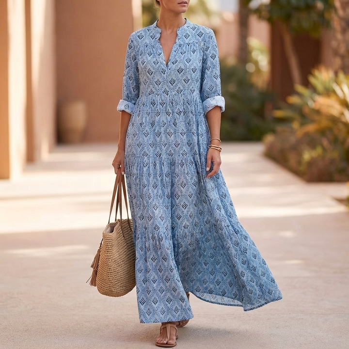 Bohemian Printed Maxi Dress with Relaxed Tiered Silhouette