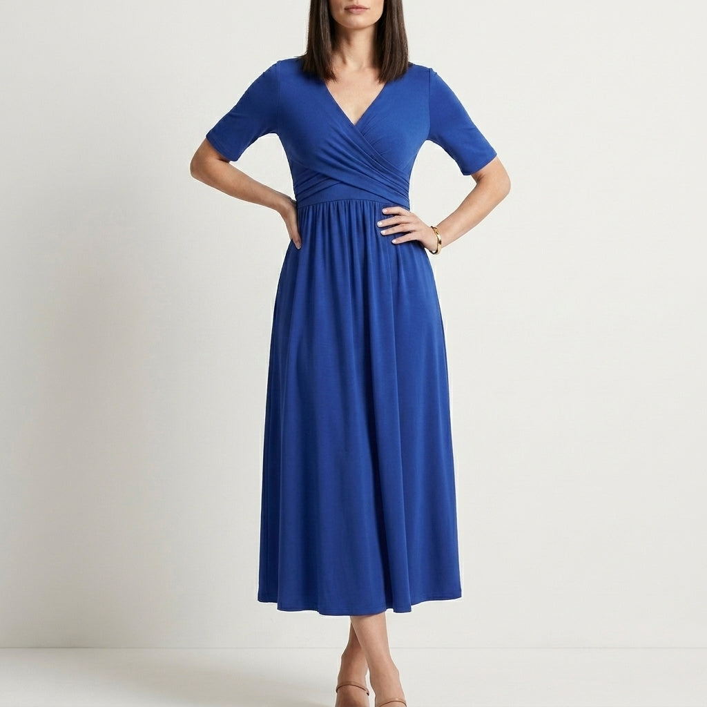 Flowing Wrap Front Midi Dress with Defined Empire Waist