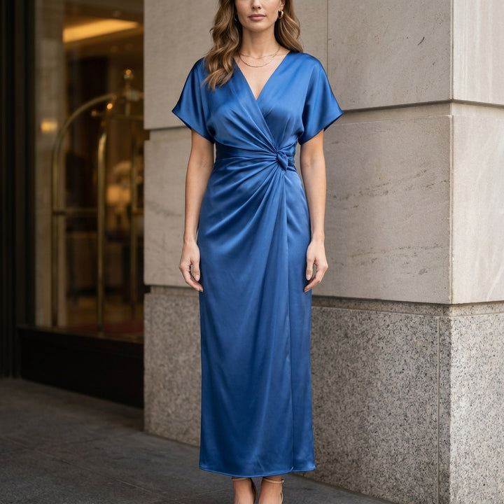 Elegant Midi Dress with Draped Waist Knot and Cap Sleeves
