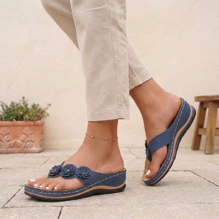 Elegant Wedge Thong Sandals with Floral Appliqués and Cushioned Footbed