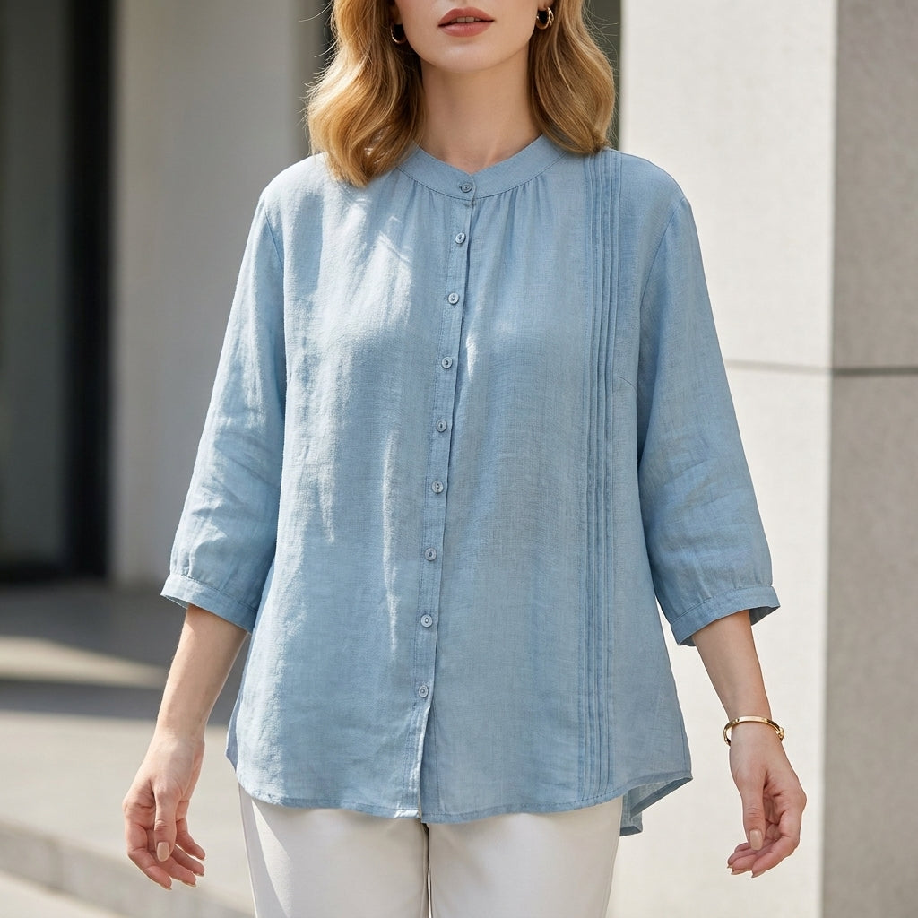 Relaxed Fit Blouse with Pintuck and Band Collar
